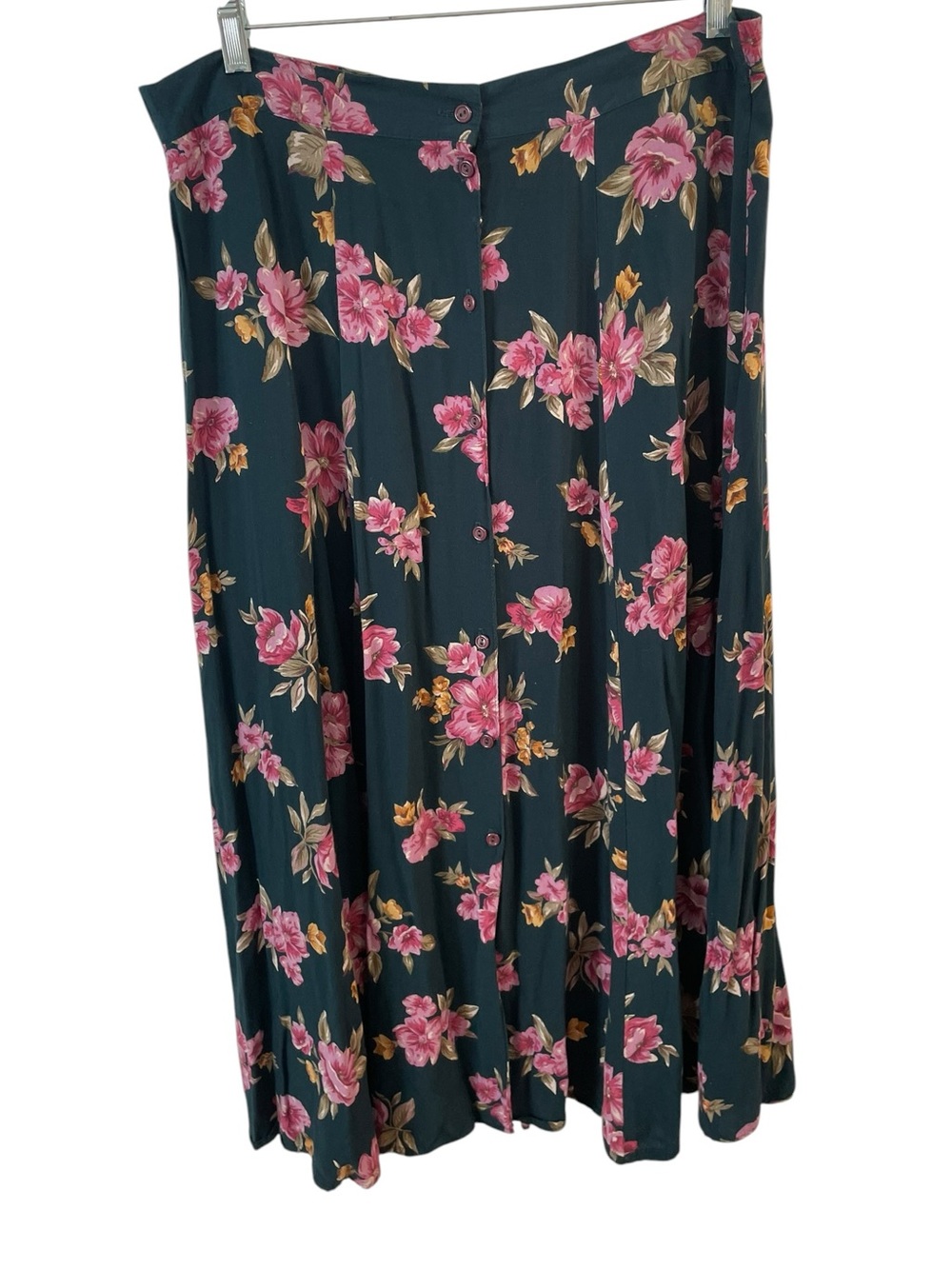 Vintage Lloyd 100% Rayon Green Floral Button Front Midi Skirt Size 18